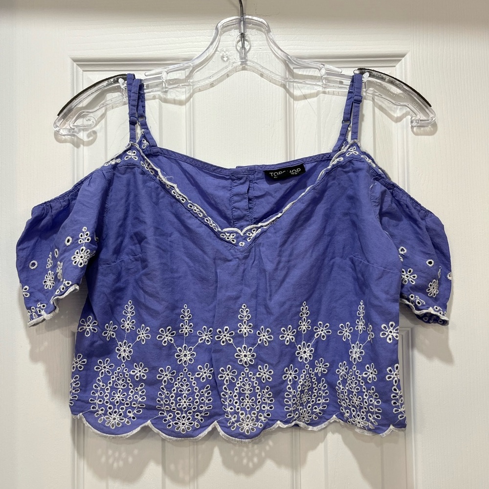 Topshop Women Blue Sleeveless Blue Lace Embellished Crop Top Cotton Blouse